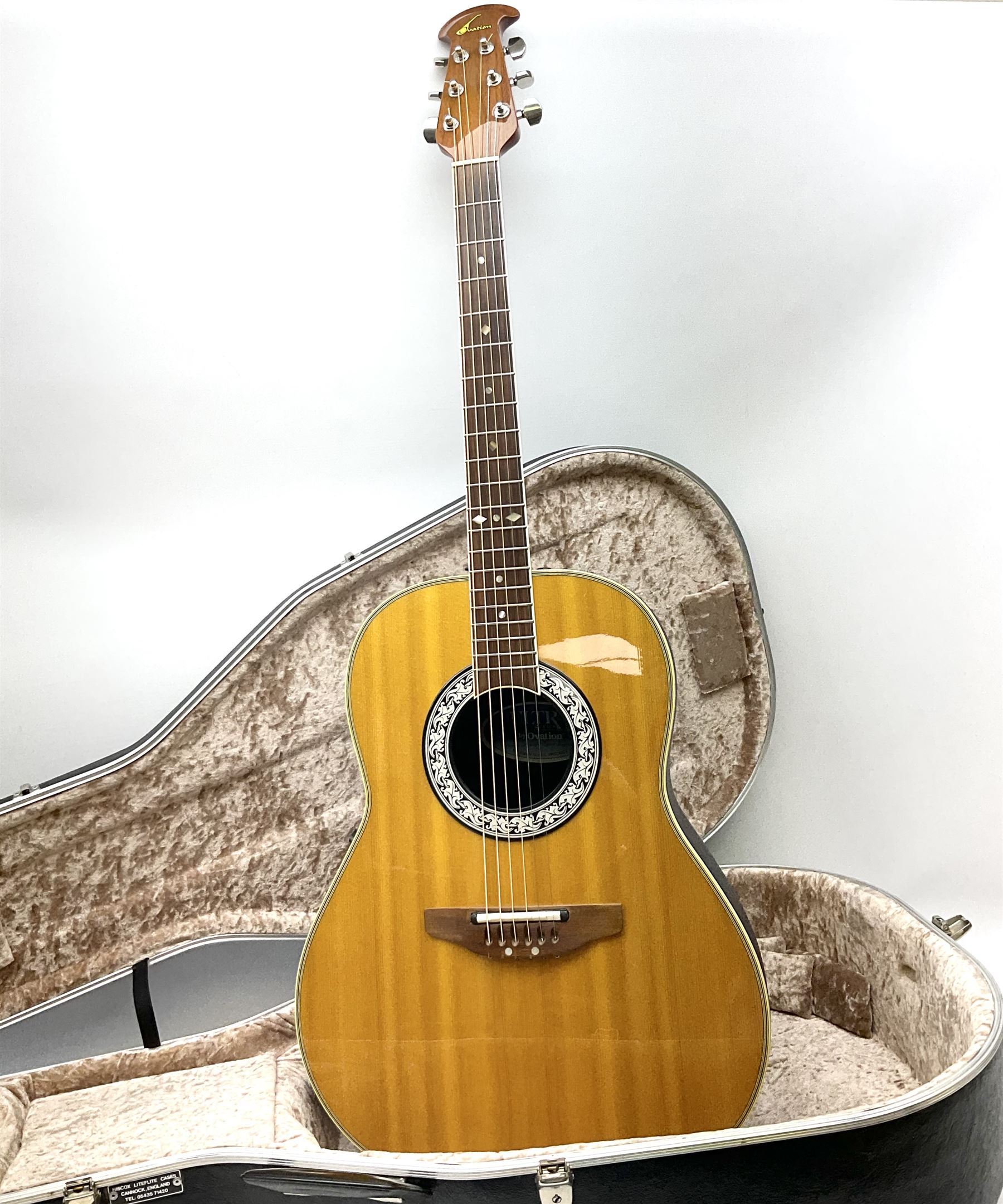 Ovation Ultra Series Model No.1512 electro acoustic guitar, 1980s/90s with textured black bowl back, natural spruce top and mahogany neck, serial no.232916 L104cm; in Hiscox Liteflite case with GuitarKes Workshop set-up and service certificate date October 2021
