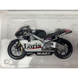 Three Minichamps 1:12 scale die-cast models of motorcycles - Suzuki GSX-R1000 Team Alstare Suzuki Corona Extra Troy Corser WSB 2005; Yamaha YZR-M1 Gauloises Yamaha Team Colin Edwards MotoGP Laguna Seca 2005; and Honda NSR 500 Loris Capirossi MotoGP 2002; all boxed (3)