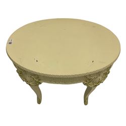 Victorian piano stool, cream paint finish with green detailing, swivel adjustable tapestry seat (mechanism is not working/damaged), a similar finish oval occasional table, and a standard lamp with fluted stem and bombe shaped shade (H186cm (total height))