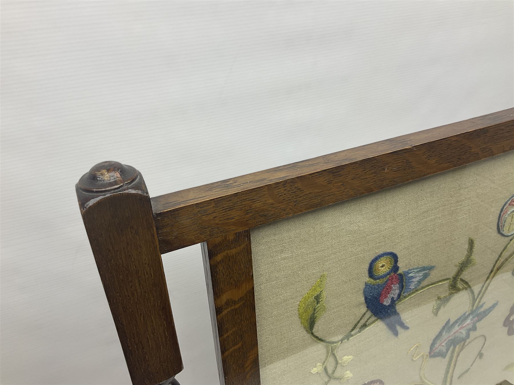 Tapestry fire screen depicting a landscape, with barley twist legs, H72cm