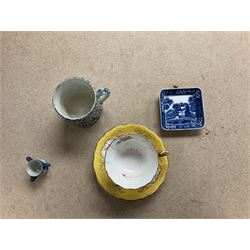 Various ceramics, to include Spode part tea service, decorated with floral sprigs against a yellow ground, Victorian blue and white prunus pattern mug, pair of Victorian leaf shaped plates, pair of Ironstone desert plates, Copeland vase decorated with white prunus blossoms upon a light blue ground, blue and white transfer printed tureen and cover, etc., in one box