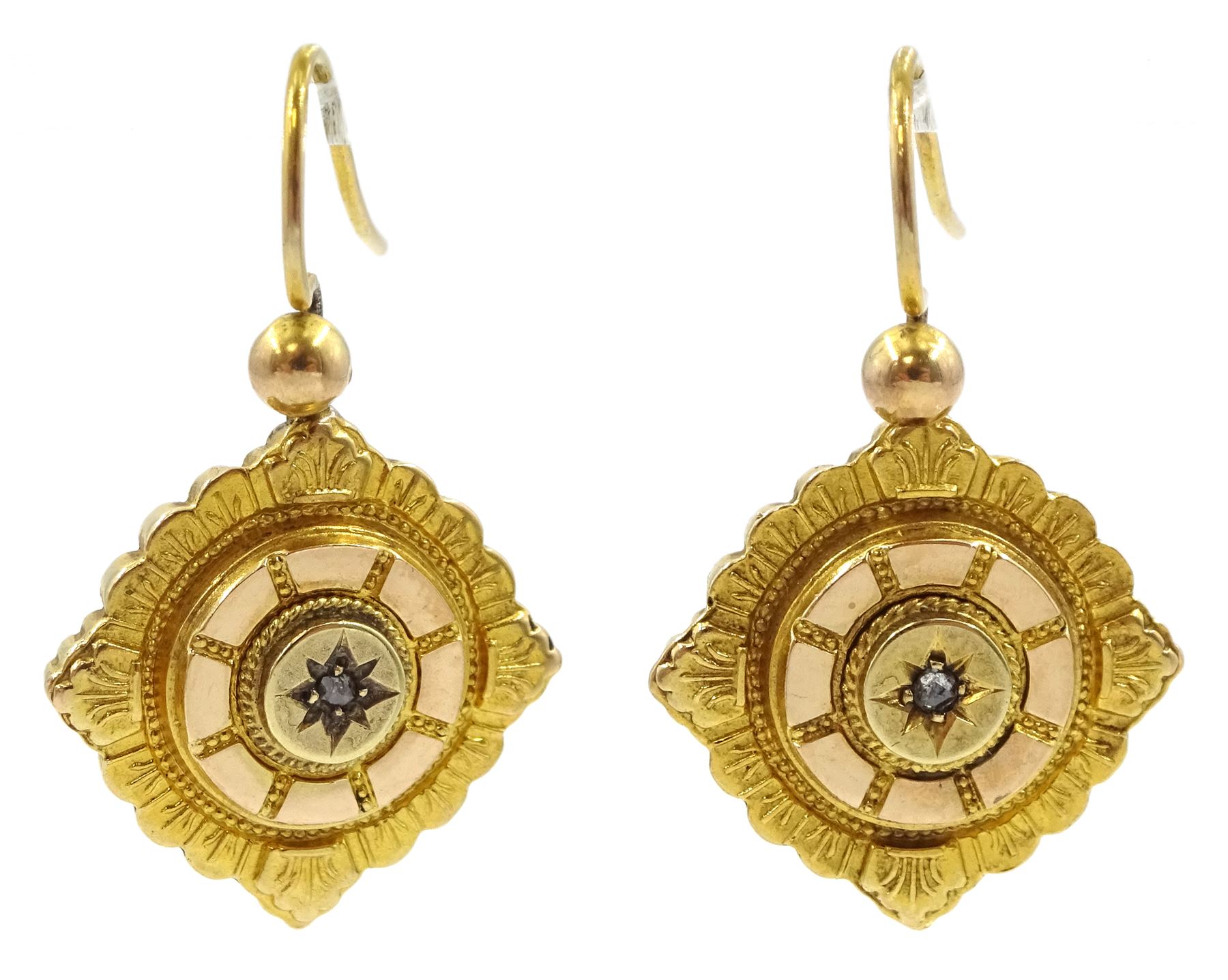 Pair of Victorian 15ct gold Etruscan revival pendant earrings, each set with a single rose cut diamond, Rd No. 28516