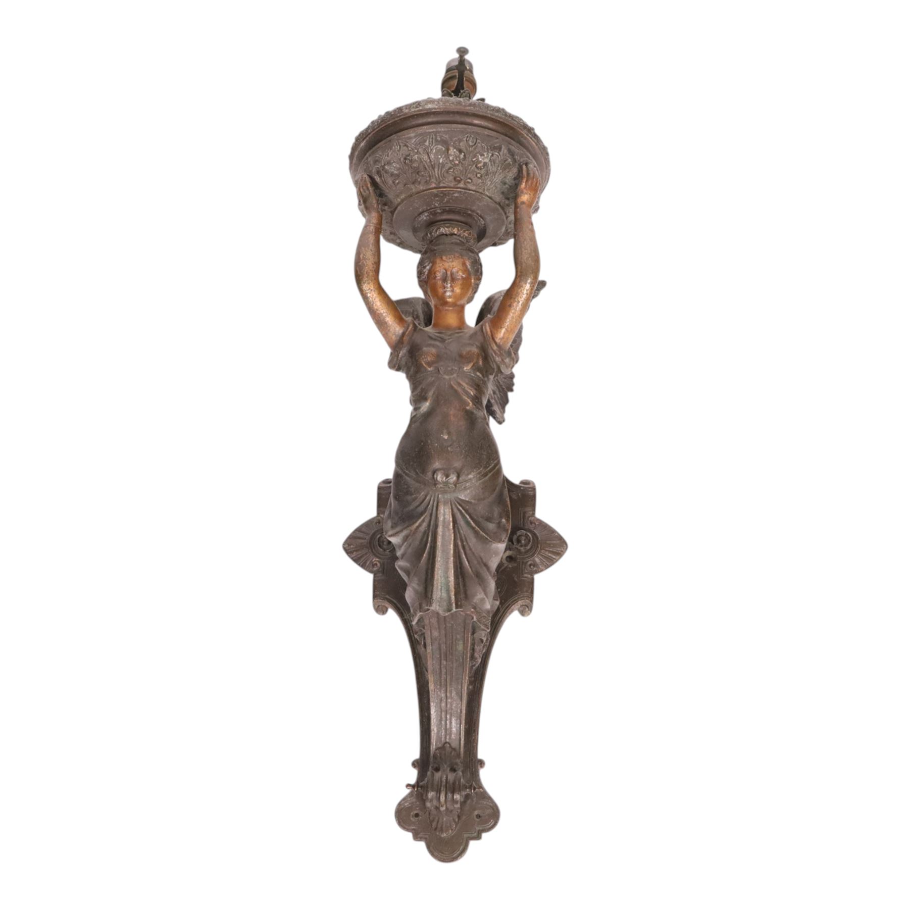 19th century wall sconce, the basket held aloft by a winged classical female upon a  moulded back plate, H63cm