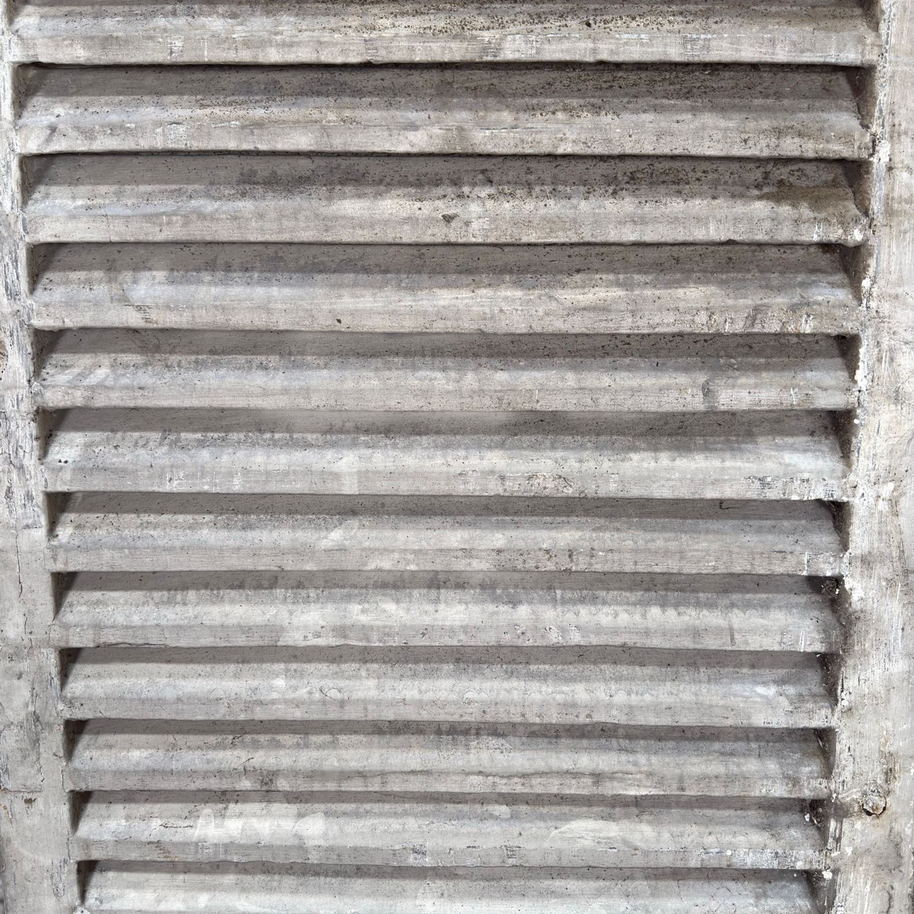 Five 19th century full height French Chateau louvre doors, pitch pine painted in cream finish, two having iron rod hinges, dimensions approx.