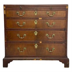 George III mahogany chest, banded caddy top with moulded edge, brushing slide over four graduating cock-beaded drawers, ornate cast gilt metal handle plates and escutcheons, swan neck handles cast with dolphins, shells and C-scrolls, lower moulding over bracket feet