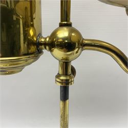 Brass adjustable student's oil lamp, with yellow glass shade, H52cm