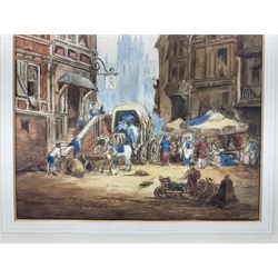 Early 20th century Continental School - watercolour of a Munich street scene entitled verso 'Markttag direkt an der Marienplatz', further manuscript inscription verso 'Eine ruhige Eike des alten Münchens'; signed lower left with initials A.H.; unframed in later mount 28.5 x 20cm. Auctioneer's Note: This painting bears similarities to the work of the young Adolf Hitler during his fifteen month stay in Munich before WWI. Various views of the Marienplatz were painted by Adolf Hitler during this period all signed with his initials and of a similar size and palette. Sold with photocopies of comparable paintings.