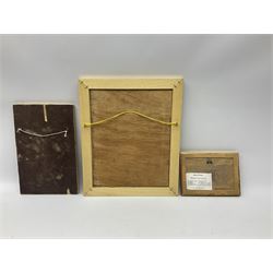 Jasur Orziev (20th century): Couple playing Sitar, miniature gouache signed; African School (20th century): Woman with Bowl on Head, sand on board signed CA together with another sand painting with hands on a globe inscribed Abaraka max 29cm x 23cm (3)