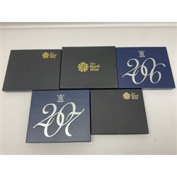 Five The Royal Mint United Kingdom proof coin sets, dated 2006, 2007, 2008, 2010 and 2011, all cased with certificates