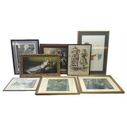 Eight framed prints, including an alice in wonderland print