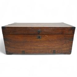 19th century Indian camphor wood box with metal corner pieces and escutcheon and twin handles W68cm