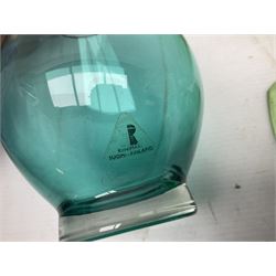 Czech uranium glass dressing table set, comprising twin handled tray, pair of candlesticks, three lidded jars and ring holder dish, and a blue Finnish Riihimäki glass, tray L35cm