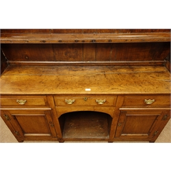  George lll oak dresser raised two shelf back with shaped frieze, the elm top base with three drawers & two cupboards around an arched recess, W158cm, H183cm, D41cm  