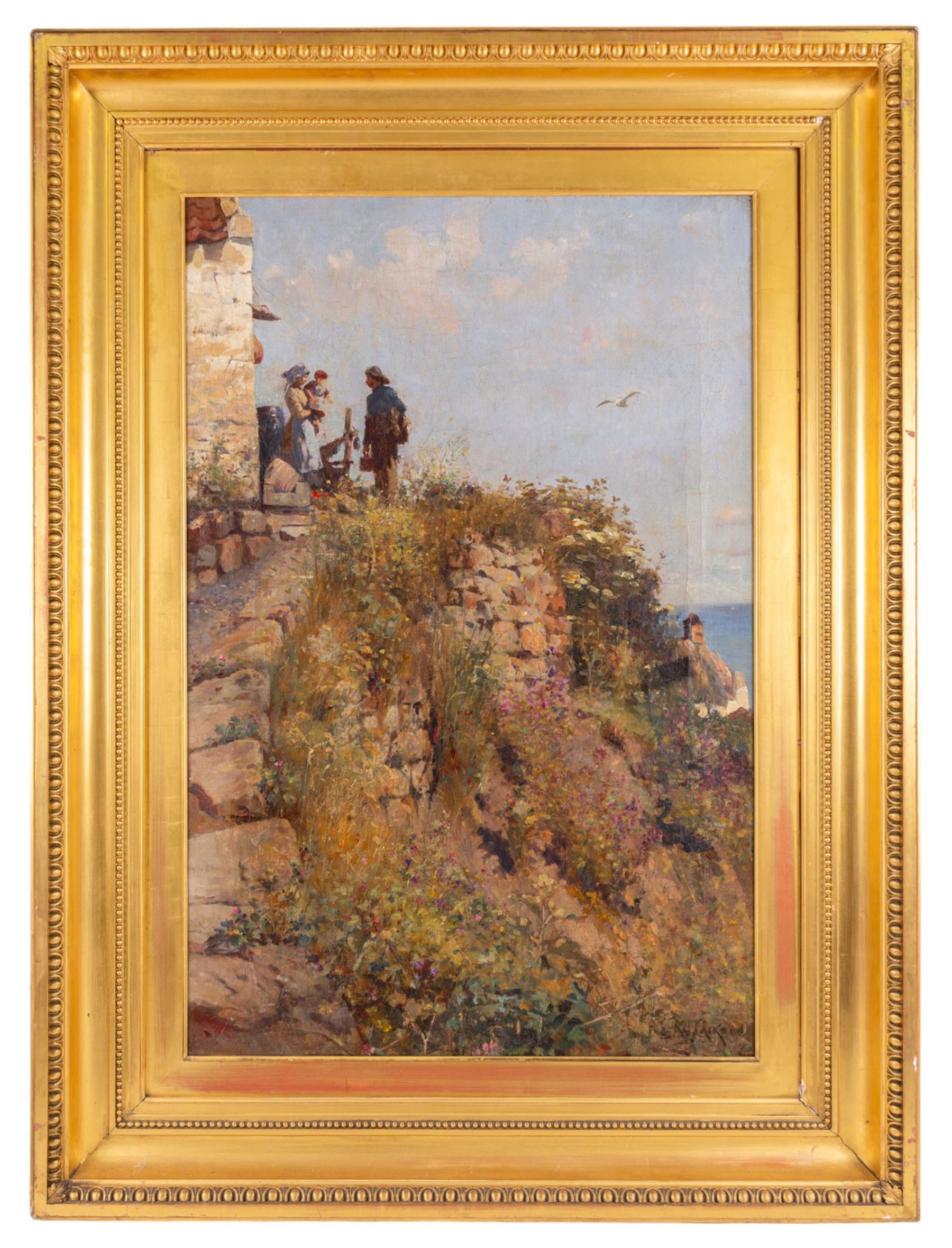 Frederick William Jackson (Staithes Group 1859-1918): Fisher Folk on the Cliff above Lady Palmer's Cottage Runswick, oil on canvas on canvas signed 90cm x 60cm