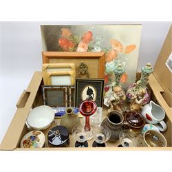 Collection of jewellery display/gift boxes, together with a group of assorted items, to include controlled bubble glass bud vase, pair of Crown China bisque figures, pair of Continental twin handles vases, small studio pottery vase, etc. 