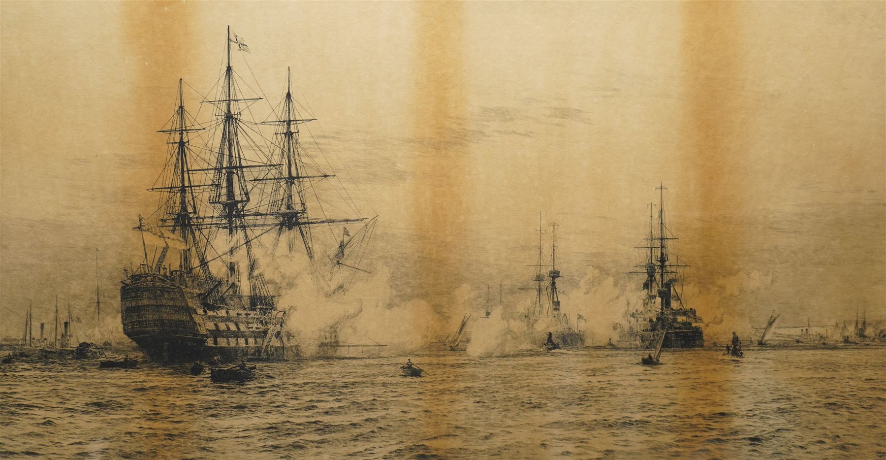 William Lionel Wyllie (British 1851-1931): 'HMS Victory Celebrating the Ascension of George V', drypoint etching signed in pencil 45cm x 75cm