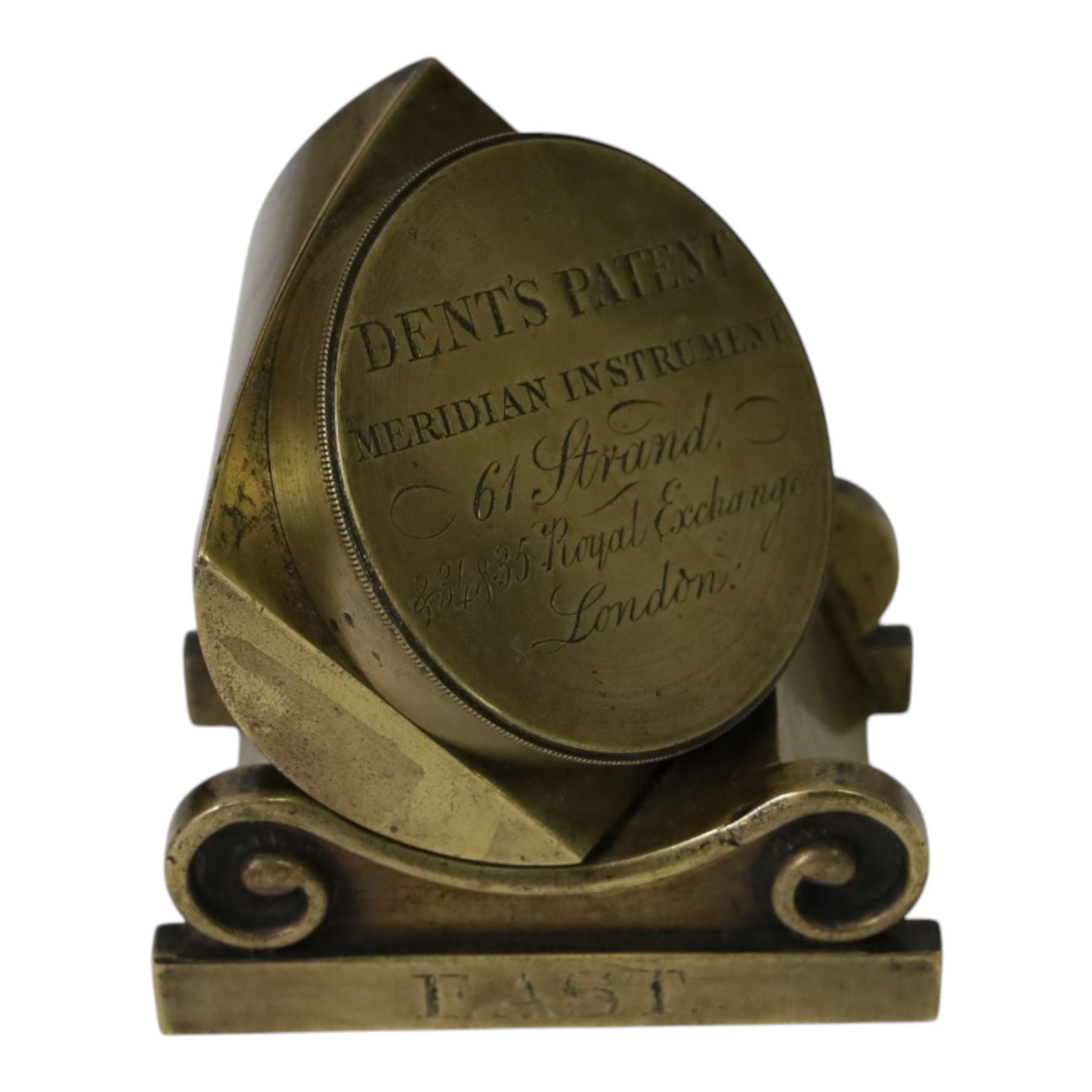 Mid 19th century brass dipleidoscope by E.J.Dent, the screw cap inscribed 'Dent's Patent Meridian Instrument 61 Strand & 34 & 35 Royal Exchange London', with 'East' engraved to on side and 'E.J.Dent Patentee 732' to the other, H8cm