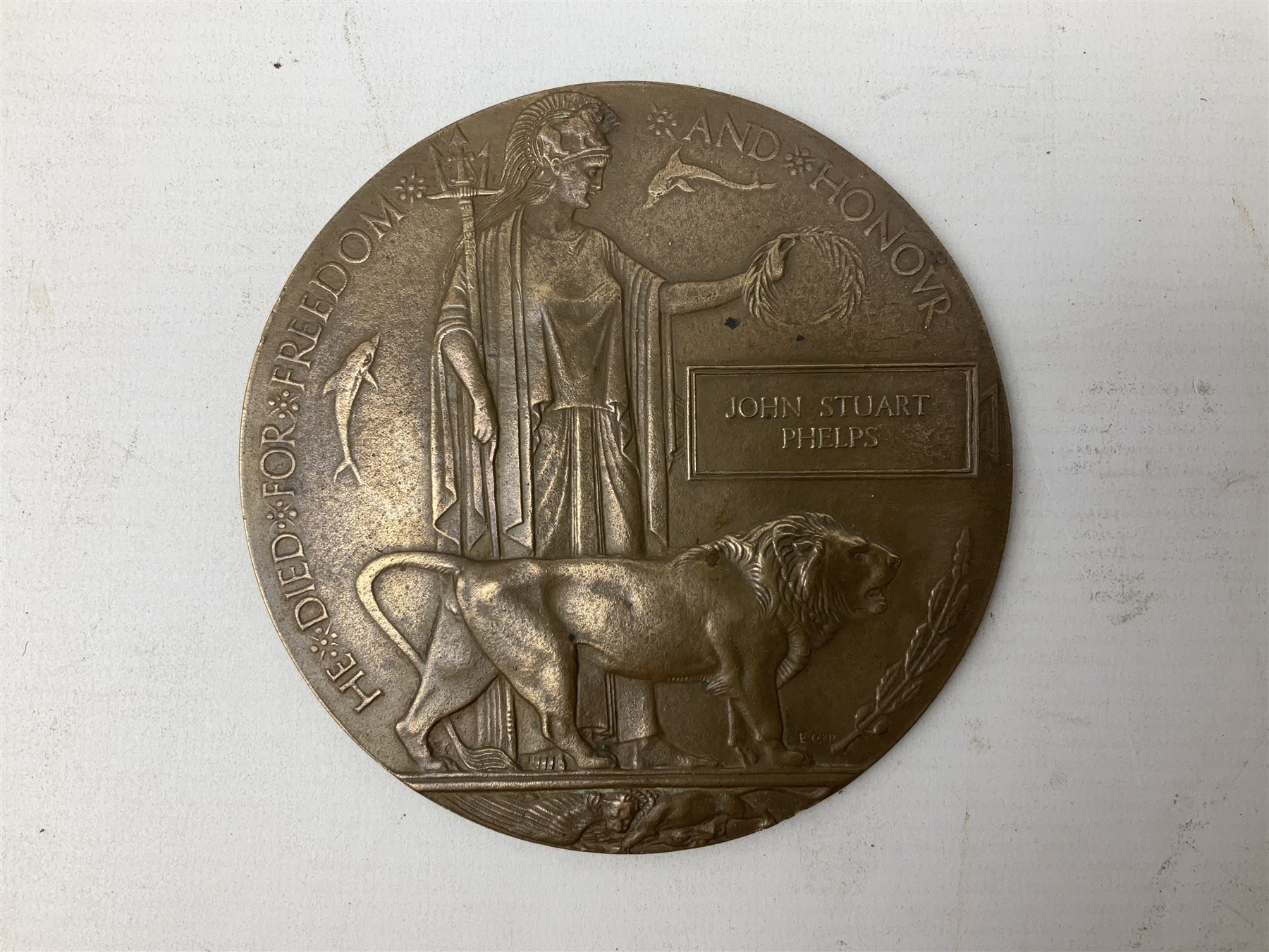 WWI bronze death plaque - John Stuart Phelps