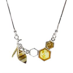 Silver Baltic amber honey bee necklace, stamped 925