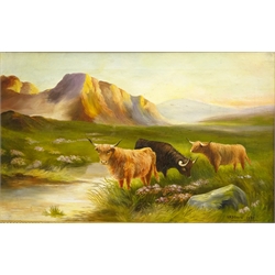  D Main (19th century): Portrait of a Horse and Dog, pair oils on canvas signed and dated 1880, 22cm x 17cm and Highland Cattle, pair oils on canvas signed and dated 1935 by S H Dennis 34cm x 55cm (4)  