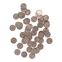Approximately fifty-six Great British pre-1947 silver half crown coins