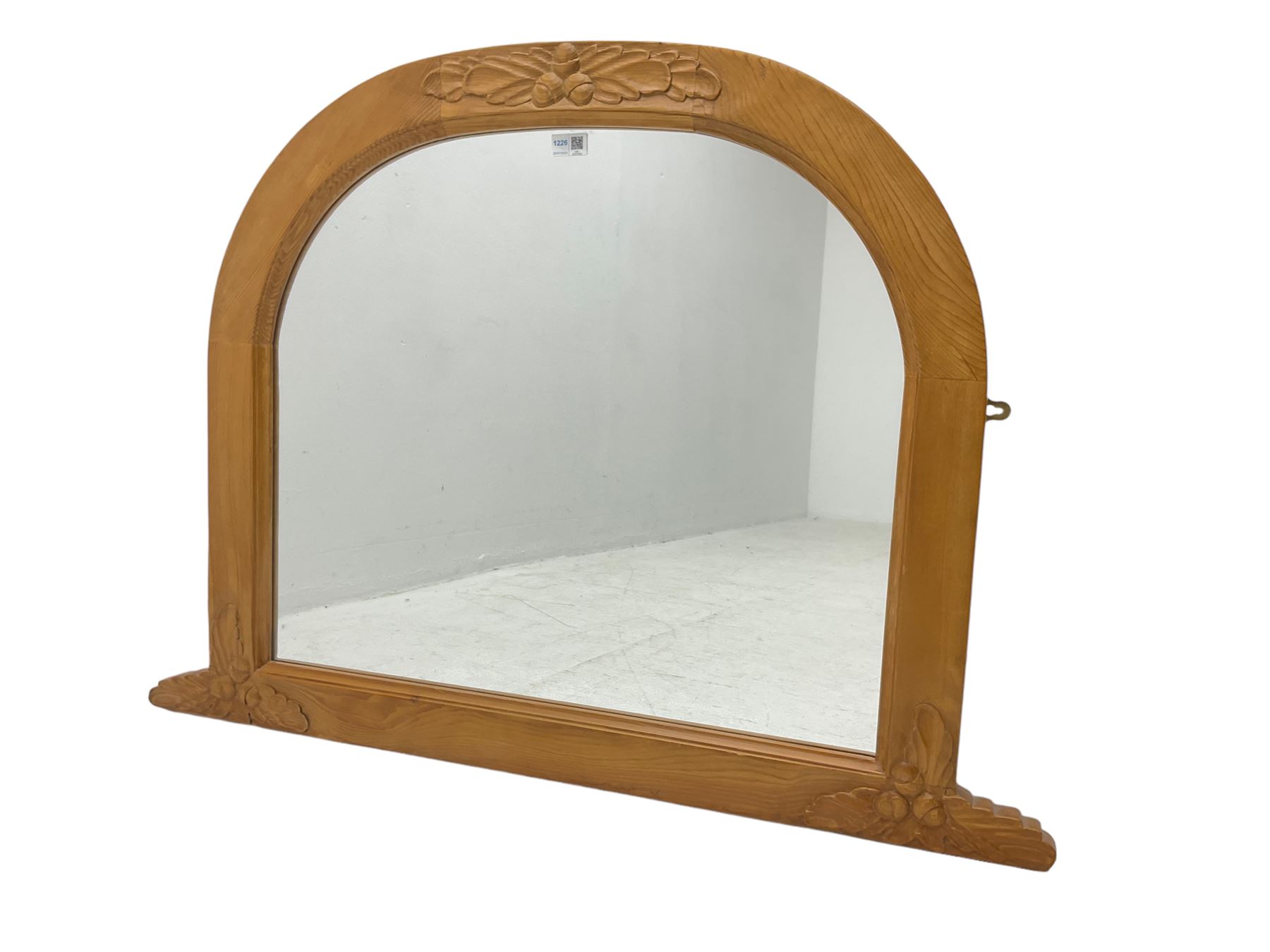 Solid pine framed overmantle mirror, decorated with carved oak leaves and acorns