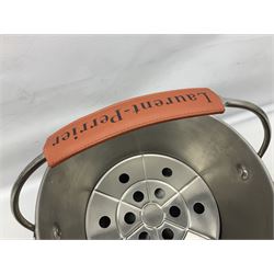 Stainless steel Laurent-Perrier champagne bucket, with engraved brass plaque and grip to swing handle, together with two matching smaller, largest D38cm (3)
