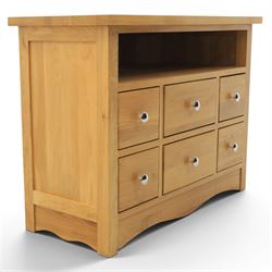 Modern oak living room set comprising; a small side cabinet, corner TV stand and coffee table, cabinet with single drawer and cabinet, finished with metal handles (H 80cm, D 32cm, W 80cm), TV stand with open recess and rear aperture for wires, above nine drawers with chrome pulls (H 62cm, D 50cm, W 84cm)  coffee table with curved edges and full length undertier (H 50cm, D 60cm, W 90cm)  