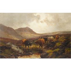 Henry Robinson Hall (British 1859-1927): Highland Cattle, oil on canvas signed 60cm x 90cm