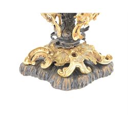 After Henry Dasson (1825-1896): large French gilt bronze urn, the body of typical form and cast with C scrolls, with twin curved gilt foliate handles detailed with birds, upon a scrolling foot, and naturalistically cast base, impressed HENRY DASSON to foot, H50.5cm W48cm