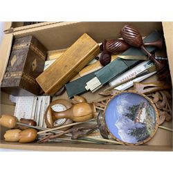 Two A.G Thornton drawing instrument sets in cases, cased sliding rule, inlaid wood box, carved wood bowl and other treen etc