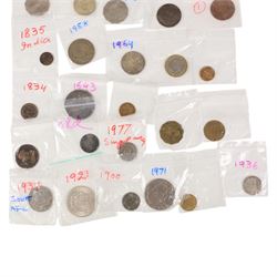 Small group of coins, including United States of America 1921 'Morgan silver one dollar, South Africa George VI 1937 silver two and a half shillings, reproduction Charles I Triple Unite, George IIII 1834 farthing, world coins, etc
