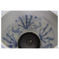 20th century Chinese blue and white fish bowl, the exterior decorated with trailing foliage and ruyi border, the interior with carp swimming amongst reeds, H31cm x D37cm, together with a Chinese blue and white table lamp and shade, of lobed ovoid form, H73cm overall 
