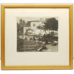 Rachel Ann Le Bas NEAC RE (British 1923-2020): 'Washerwomen by Lake Garda', limited edition etching with aquatint signed titled and numbered 53/75 in pencil 27cm x 32cm 
Notes: this study was Rachel Ann's diploma piece for the Royal Society of Painter-Printmakers and one of the few illustrated in the Society's publication 'No Day without a Line'; exh. Royal Society of Painters in Watercolours Bankside Gallery, London, Label verso