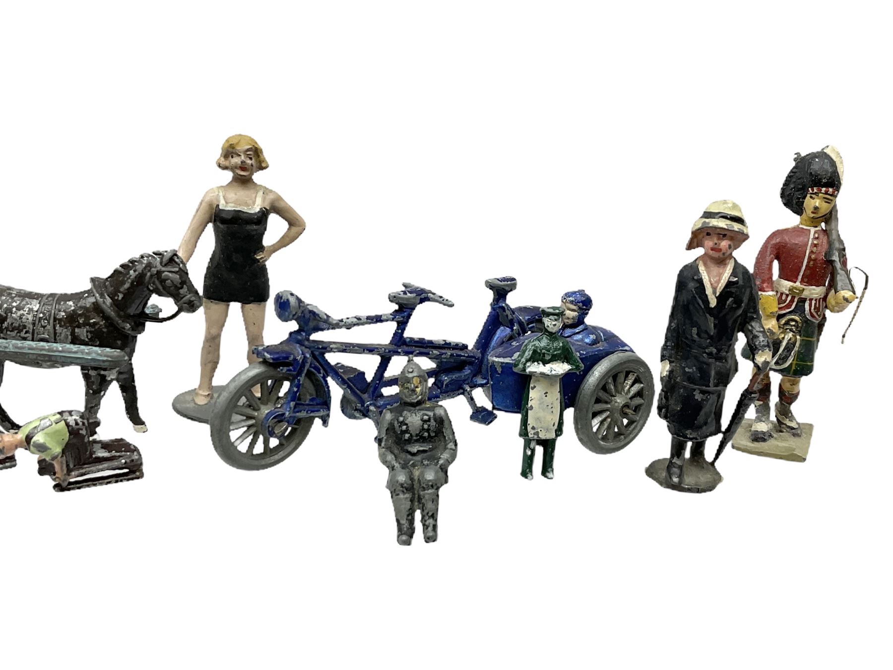 Selco Services gypsy caravan with horse, figure and steps; die-cast tandem combination; motorcycle with rider; die-cast girl-on-swing; and twelve various lead figures by Johilco etc