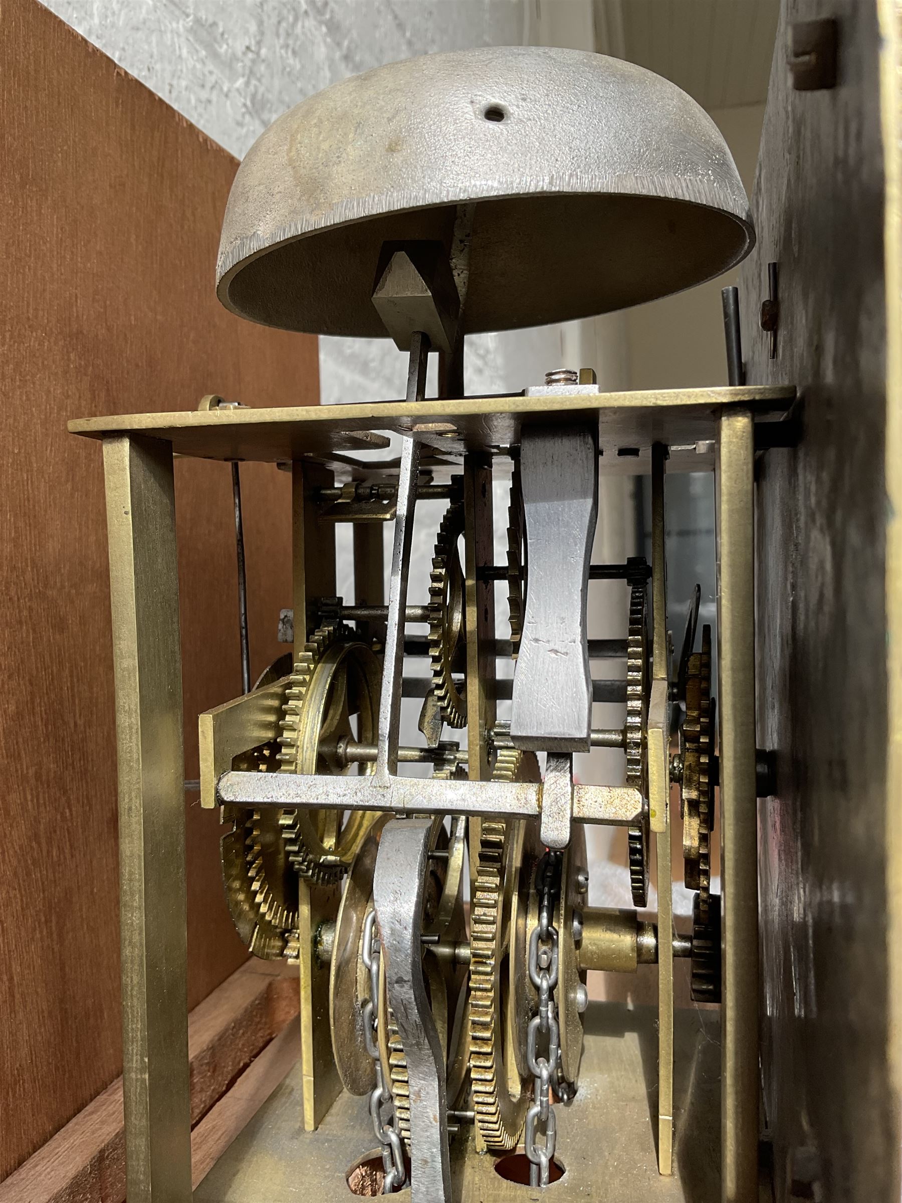 Contemporary Pine longcase clock -  With an early single handed 18th century 30hr movement and dial, movement and dial by Ephraim Dyer of Bideford, 1683-1723, brass dial with a matted dial centre, cast spandrels, single steel hand and chapter ring with Roman numerals, dial pinned to a chain driven birdcage movement with a countwheel strike, striking the hours on a bell. No weight or pendulum.