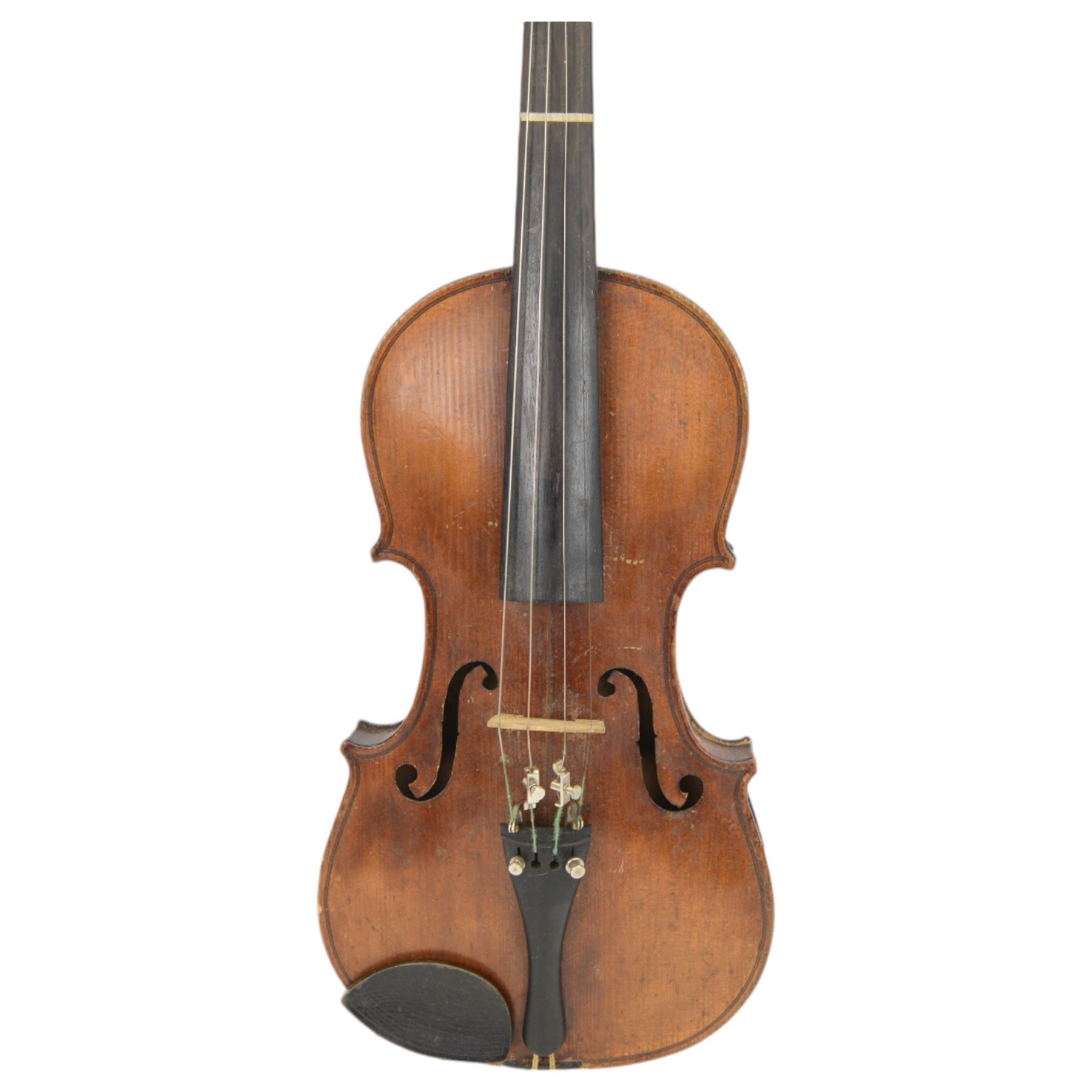 19th century full size violin in a hard case with bow. Length 60cm, scroll with ebonised pegs and fingerboard, with tailpiece and bridge.