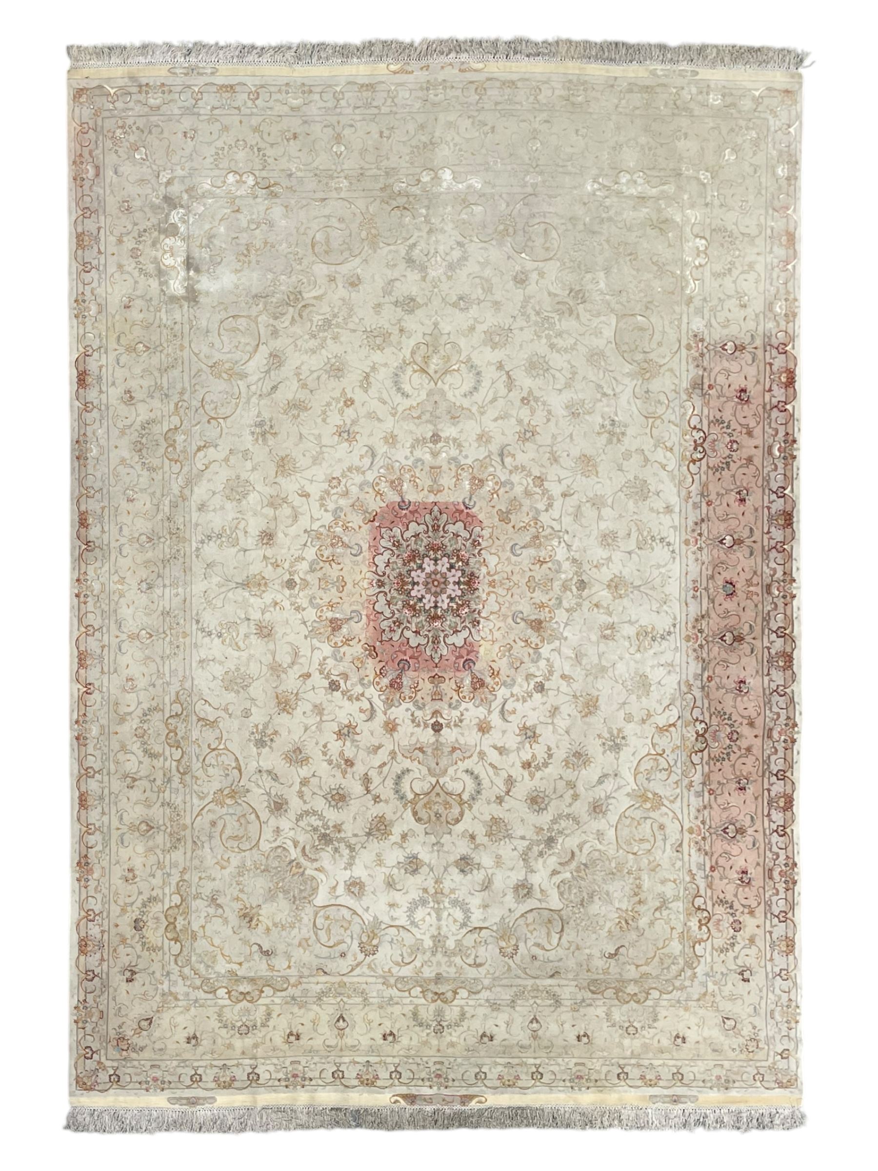 Persian Mahal densely knotted ivory ground carpet, floral rosette medallion surrounded by interlacing leafy branches and palmettes, scrolling border decorated with foliate motifs, within guard stripes, with signature panels to each end