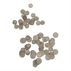 Approximately 108 grams of Great British pre-1920 silver sixpence and threepence coins, an...