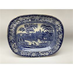 A group of assorted 19th century blue and white transfer printed pottery, to include Rogers & Son Zebra pattern, Cartwright & Edwards Fountain pattern dish, Rural Village or Village Church pattern plate, Lakeside Meeting pattern plate, Wild Rose pattern serving platter and serving dish, etc. (9)