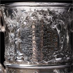 Victorian silver two handled cup embossed with cattle, horses and sheep and presented by Nottingham Mills Company to John Barugh, Thwing H16cm London 1865 Maker Henry Hollannd