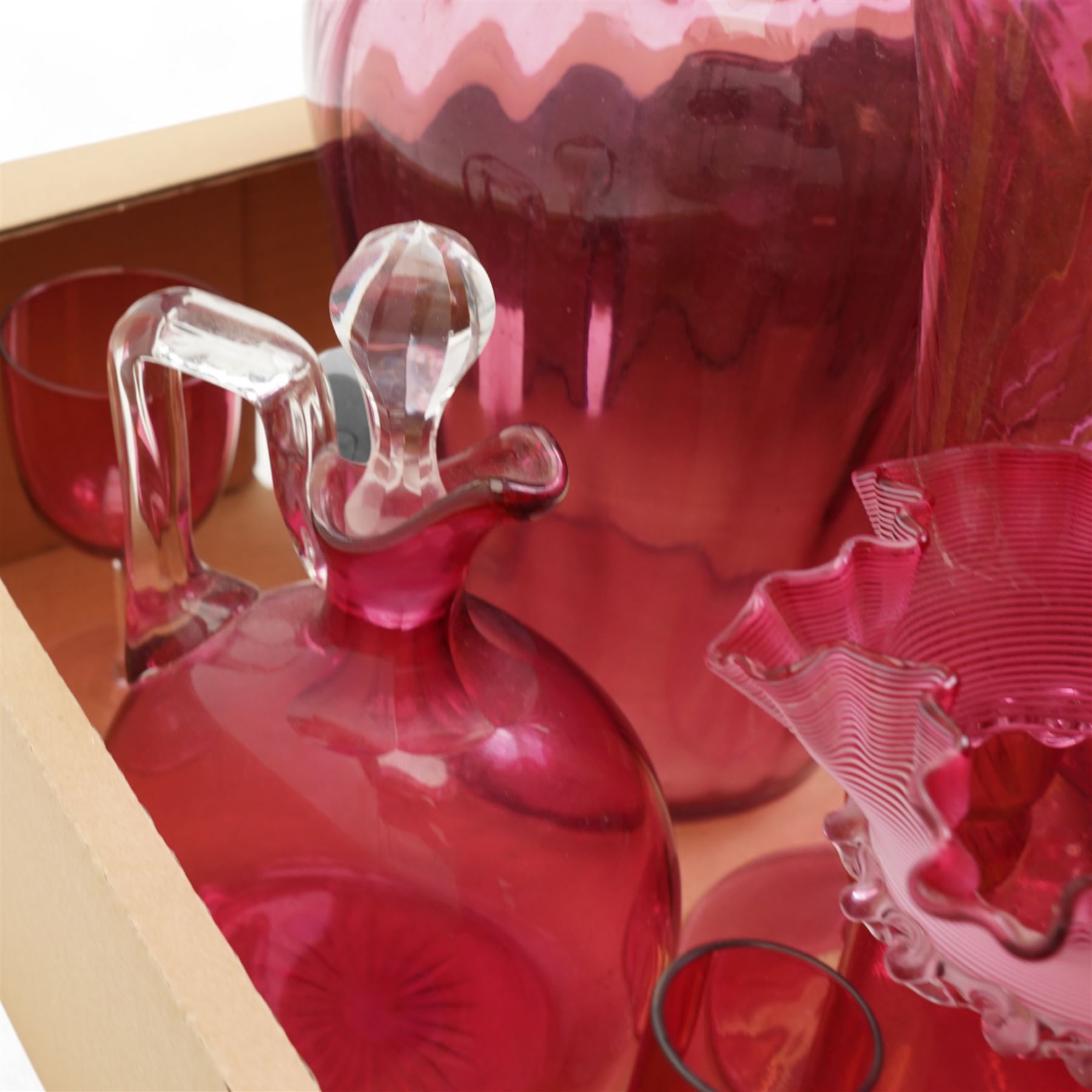 Large collection of Victorian and later cranberry glass, including various large examples, in one box, tallest H30cm 