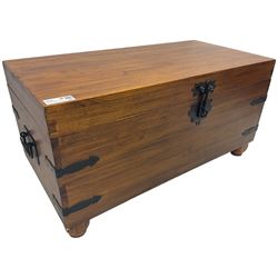 Hardwood and metal bound blanket chest, fitted with metal latch and strapping, carrying handles to each side 