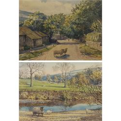 Florence Raingill Walker (British fl.1934-1937): 'Kettlewell from Park Gill' and Lambs by the River, two watercolours signed 38cm x 51cm (2)