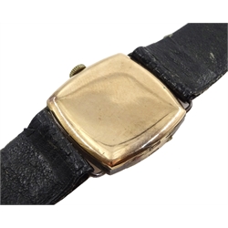 Rolex 9ct gold wristwatch case No.1087599, London import marks 1929, on leather strap