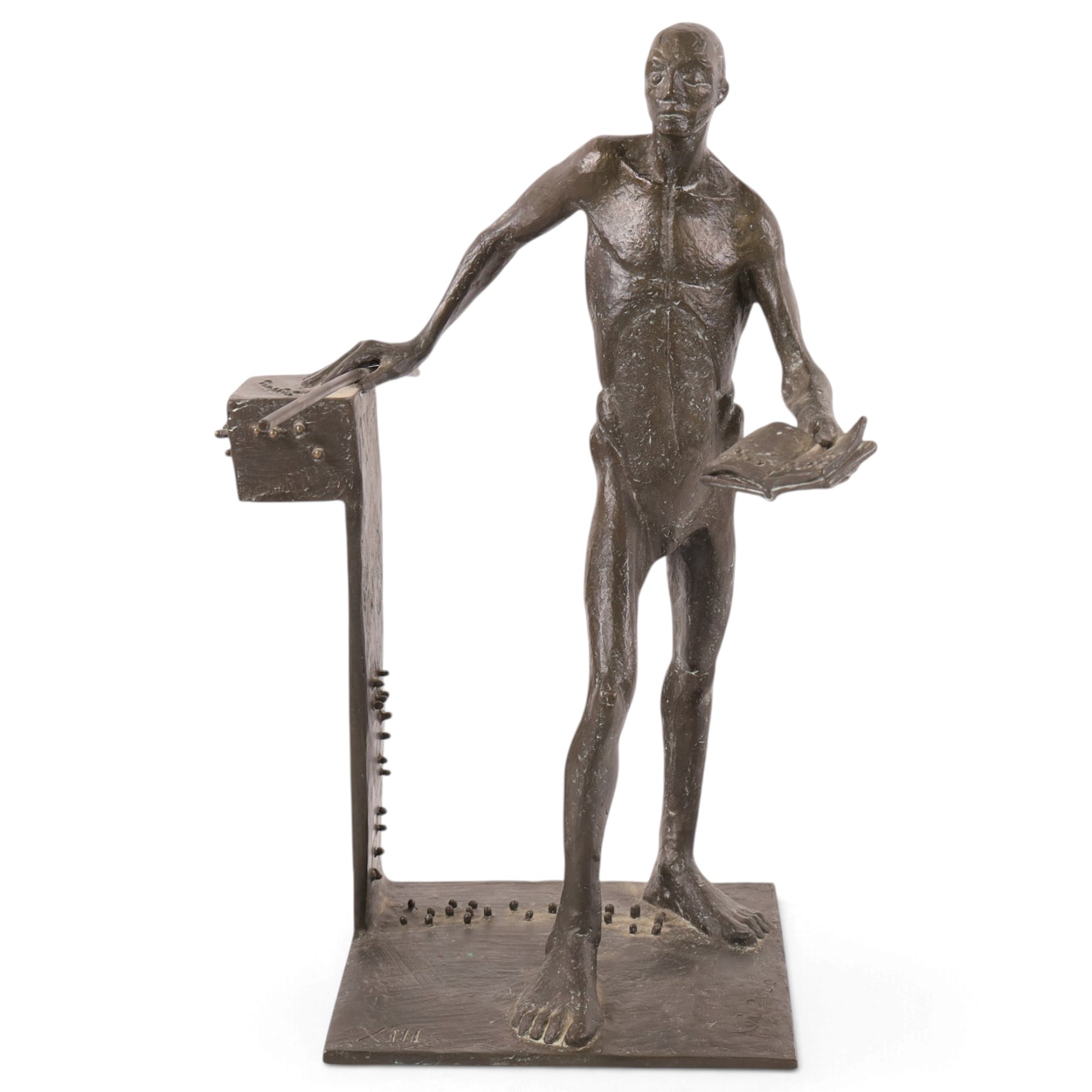 Modernist School (mid-20th century) - bronze cast sculpture depicting a blind man resting on a stand, holding a book and cane with braille detail, signed Lei, dated 2000 and edition 13 H33cm