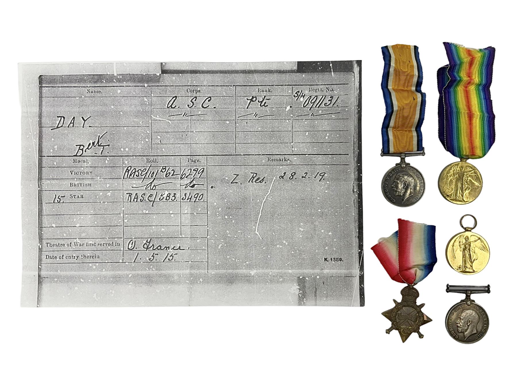 WW1 trio of medals comprising British War Medal, Victory Medal and 1914-15 Star awarded to S/4 091131 Pte. B.T. Day A.S.C.; and WW1 pair of medals comprising British War Medal and Victory Medal awarded to 240653 Gnr. E. Stephenson R.A.