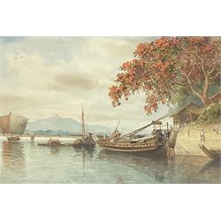 Maung Tun Hla (U Tun Hla) (Burmese 1874-1946): Royal Poinciana Tree on River Bank, pair watercolours signed M T Hla 16cm x 21cm (2)