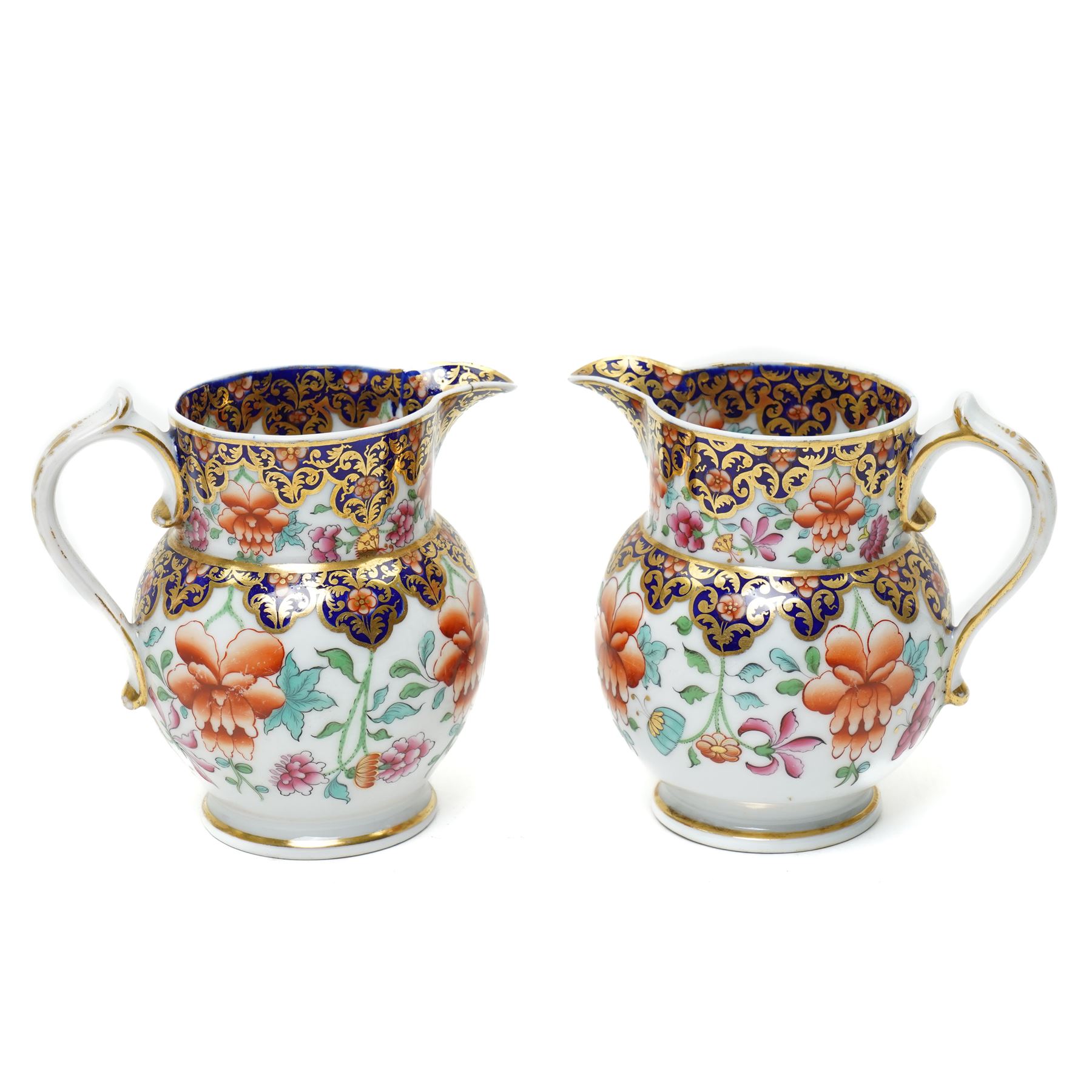 Number of early 19th century Chamberlain's Worcester pattern items decorated with Japanese flowers comprising pair of milk jugs, three sauce boats and two teapots, unmarked 
Provenance: property of a Nobleman