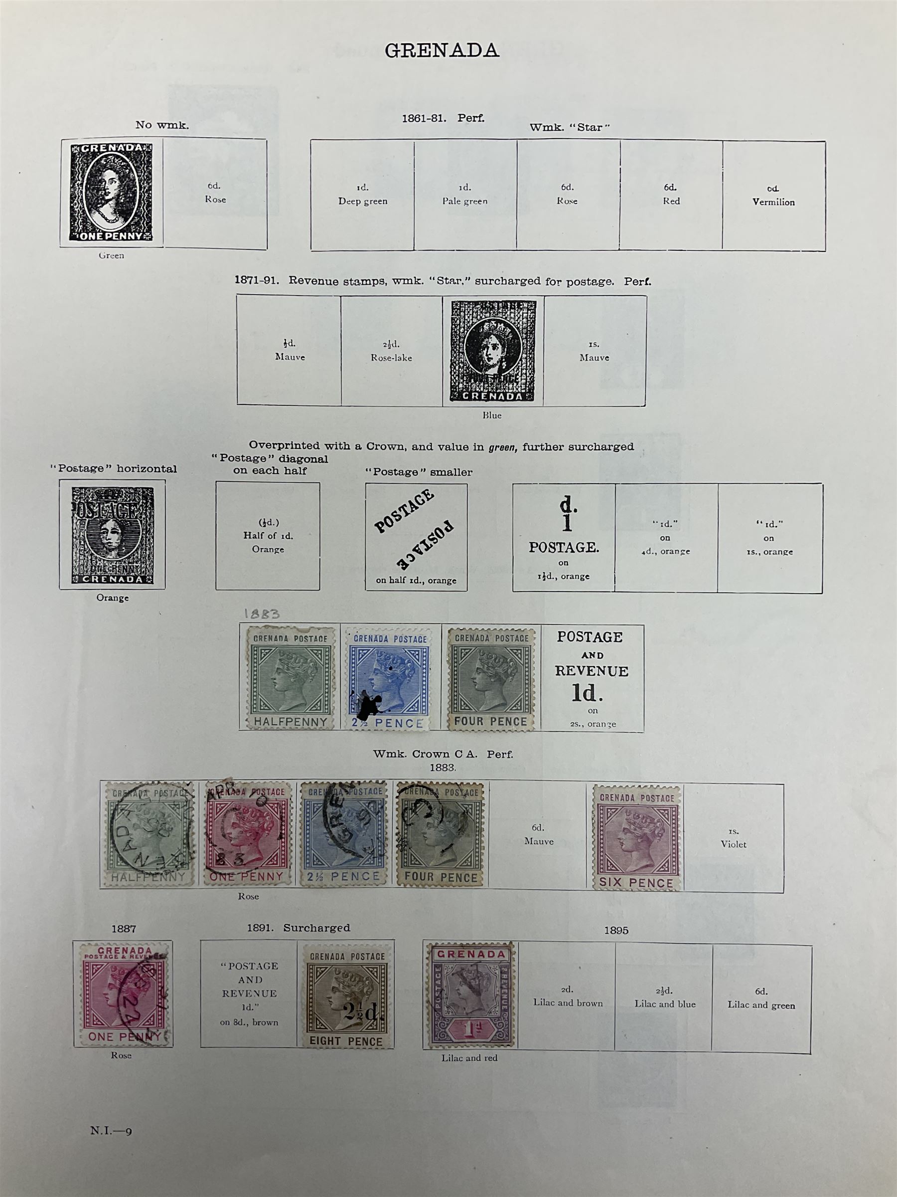 Grenada Queen Victoria and later stamps, including 1861-79 one penny, six pence, one shilling, 1883 halfpenny to one shilling, King George V 1913 values to one shilling etc, housed on pages